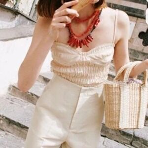 ZARA Smocked Shirred Gingham Cropped Corset Top L Coquette Preppy Cottage Core L